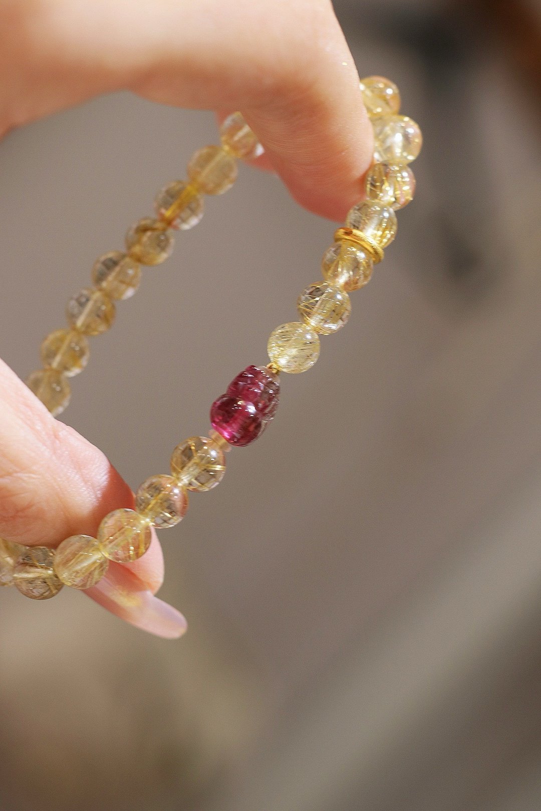 7mm天然原矿金发晶水晶 碧玺貔貅18k金设计单圈手串 - 项链 - 水晶 黄色