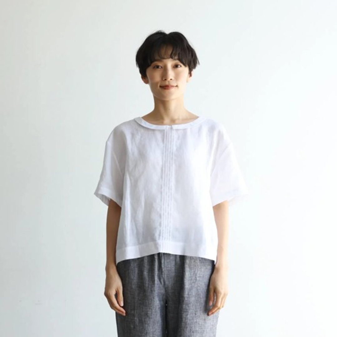 清爽亚麻 气质平领细褶短袖上衣 白色 240622-1 - 女装上衣 - 亚麻 白色