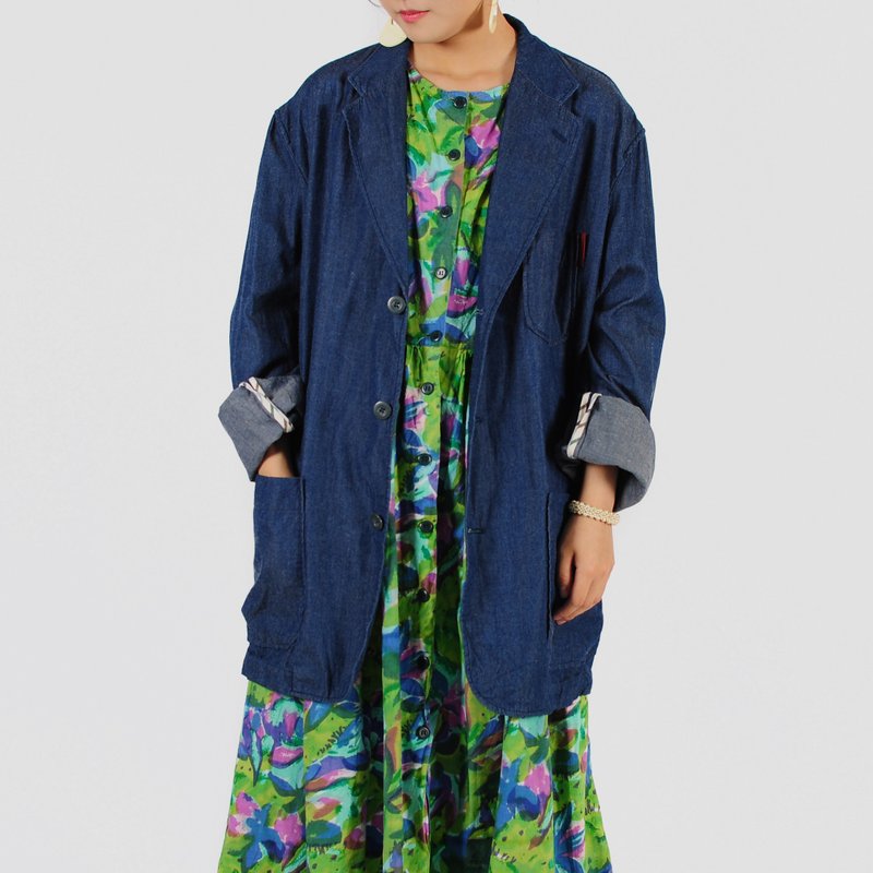 【蛋植物古着】爽飒微风牛仔古着西装外套 - 女装休闲/机能外套 - 棉 蓝色