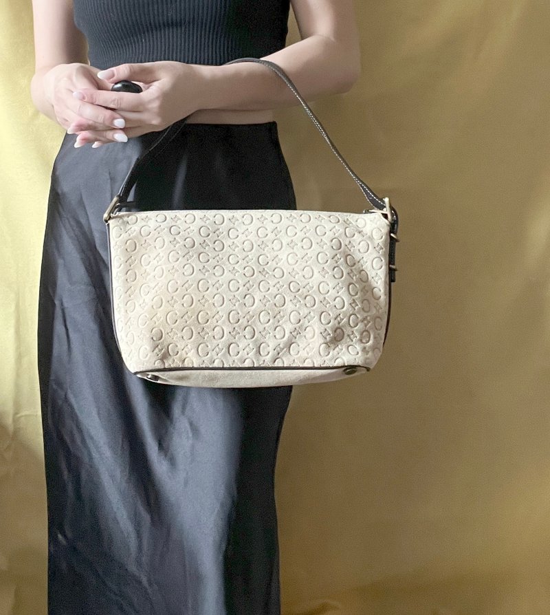 CELINE C Macadam 麂皮绒面米色肩背包手提袋 日本中古Vintage - 手提包/手提袋 - 真皮 卡其色