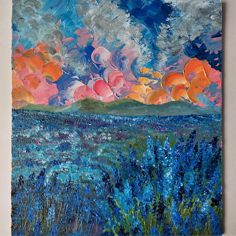 油畫 Landscape Wildflowers Flowers Blue Wall Decoration Sunset Hanging Painting 藍染 - 墙贴/壁贴 - 压克力 蓝色