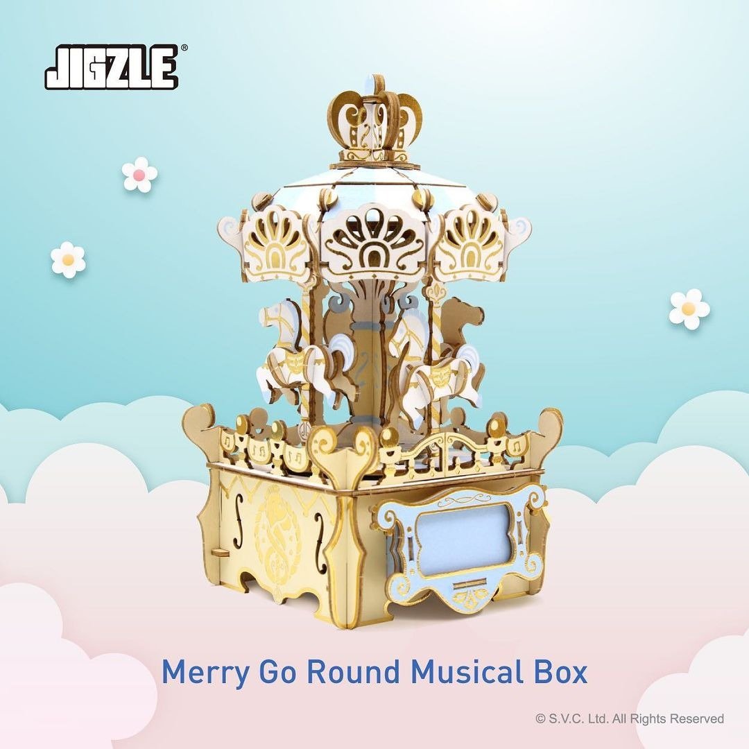 【定制刻字】Jigzle 3D木拼图 - 彩色旋转木马音乐盒 婚礼送礼 - 拼图 - 木头 多色