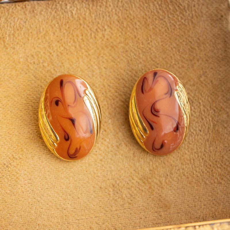 美国古董 太妃糖大理纹珐琅 镀金耳夹 - 耳环/耳夹 - 其他金属 橘色