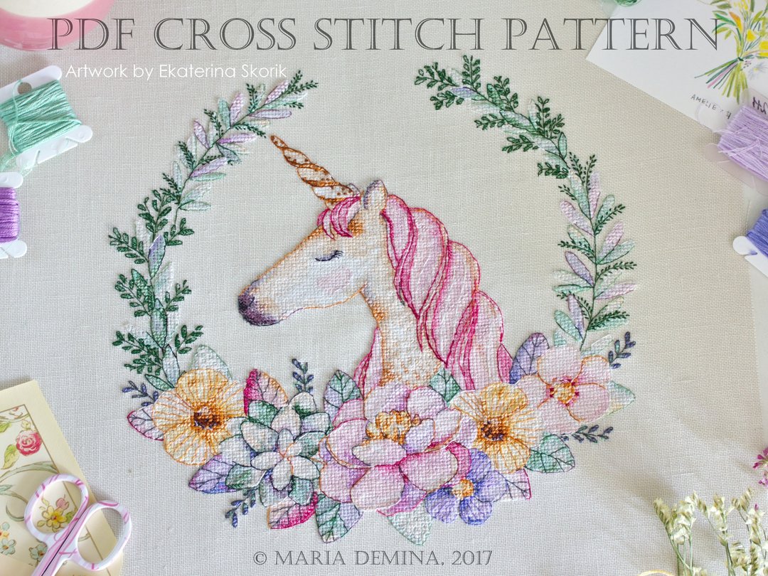 Watercolor Unicorn and Floral Wreath PDF cross stitch pattern - 手工艺教程/工具书 - 其他材质 