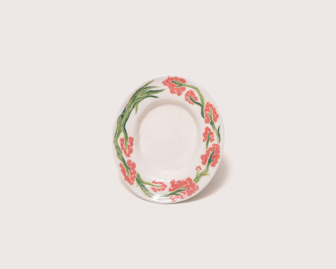 陶瓷 手捏花圈小盘 粉绿花树 手绘陶盘 Ceramic Plate - 浅碟/小碟子 - 陶 粉红色