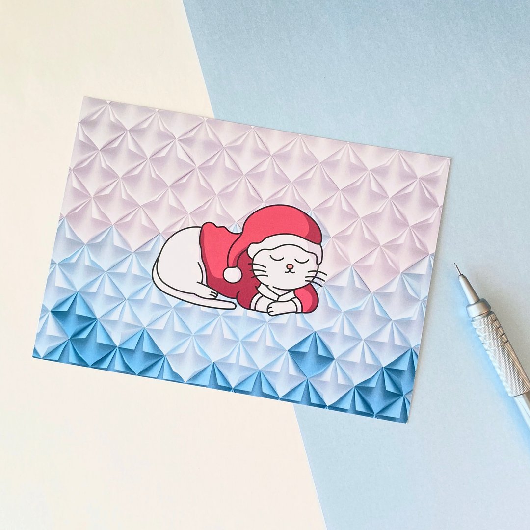 睡觉中的圣诞猫猫 | 蓝色圣诞明信片SANTA CAT - 卡片/明信片 - 纸 蓝色