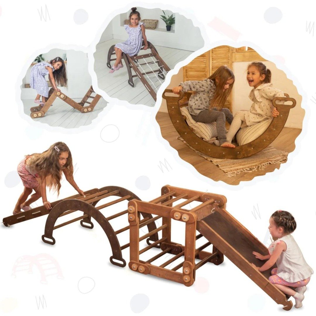 4 合 1 蒙特梭利室内游乐场带幼儿爬蛇拾取器 - 儿童家具 - 木头 咖啡色