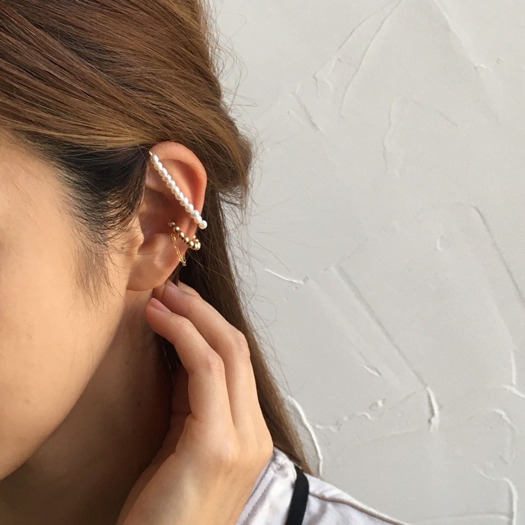 14kgf / freshwater pearl / vintage gold beaded ear cuff for one ear, set of 2 sjoka09 - 耳环/耳夹 - 宝石 白色