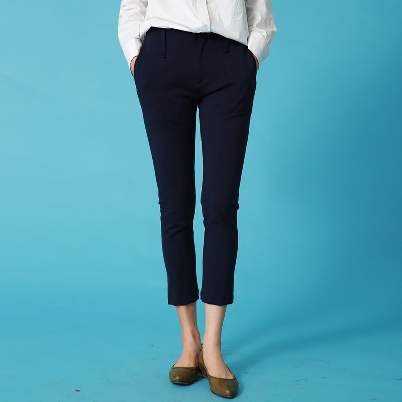 安妮陈2016春季新款蓝色直筒中腰休闲裤修身显瘦九分裤女小脚裤 - 女装长裤 - 棉．麻 蓝色