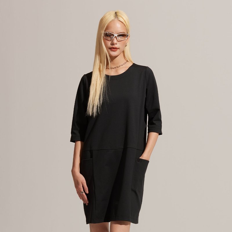 REBOOT动能-大口袋五分袖修身洋装-乌黑 - 洋装/连衣裙 - 聚酯纤维 黑色