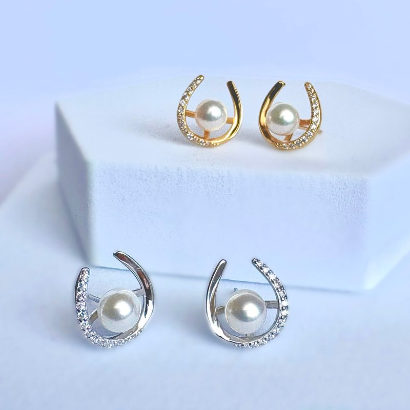 银制 马蹄造型 耳环 两色可选 Akoya珍珠 日本珍珠 pearl earrings 幸运马蹄造型 珍珠耳环 - 耳环/耳夹 - 珍珠 