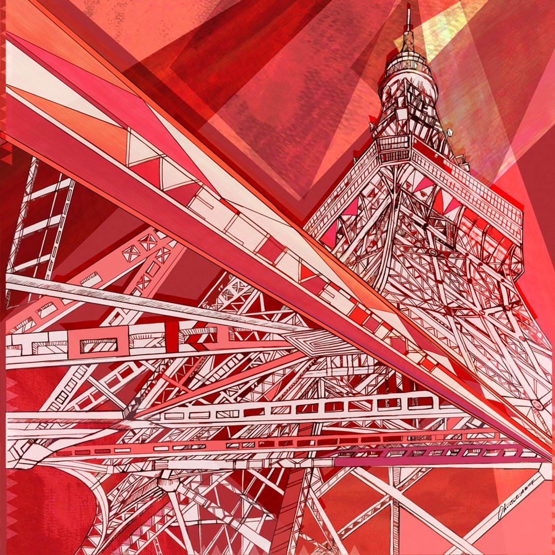 50cm Square_Silk Scarf_Tokyo Tower Pattern Silk Scarf ChristalART - 丝巾 - 其他材质 红色