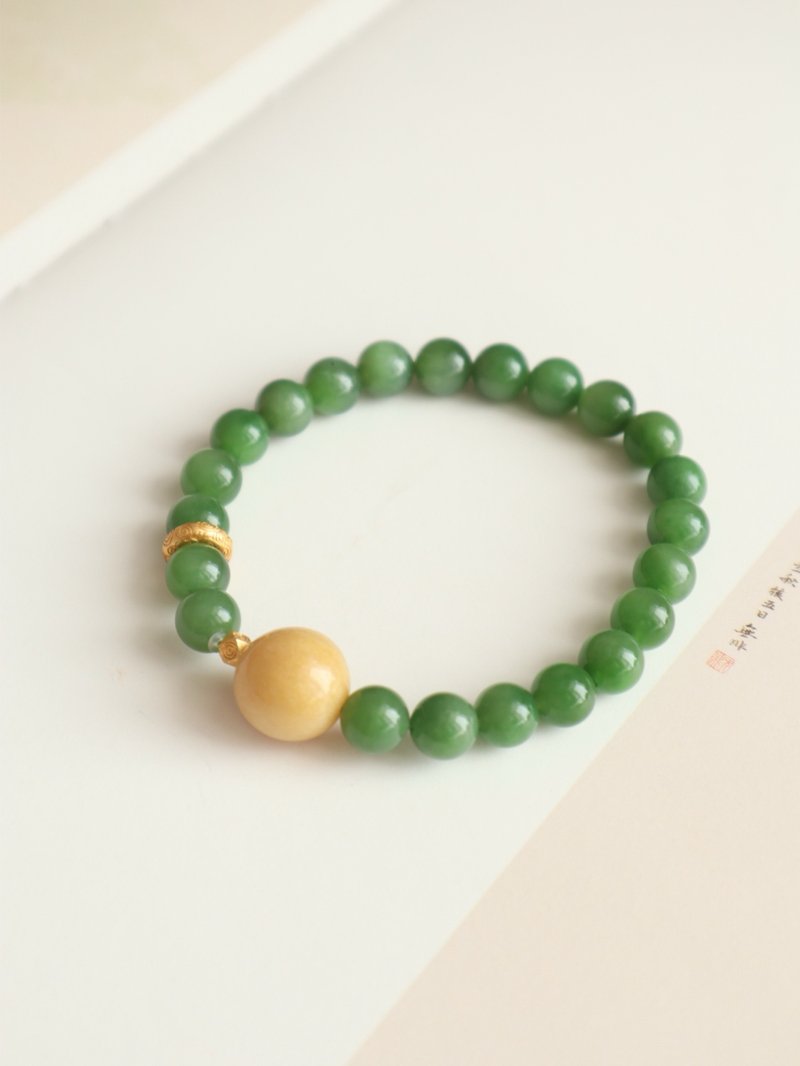 8mm天然和田玉 /和阗玉-碧玉. 烧色黄翡单圈手串s - 手链/手环 - 玉石 绿色
