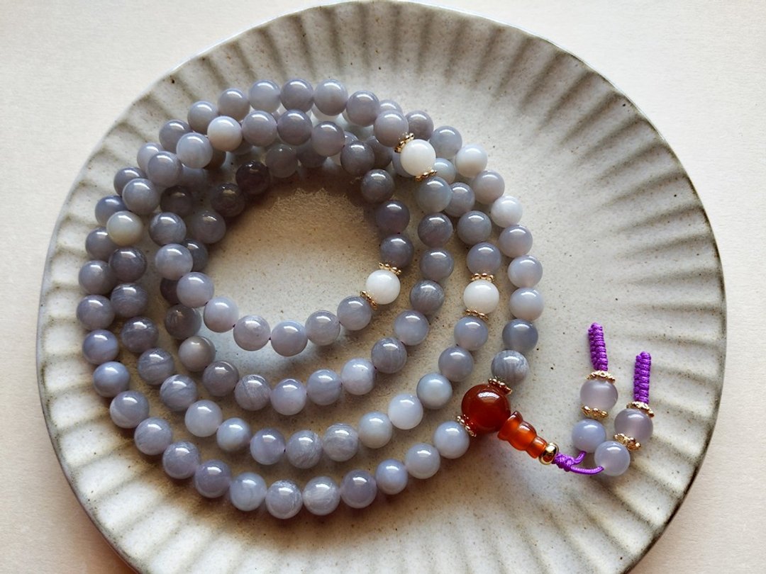 ORLI Jewelry 天然和阗玉烟紫108颗念珠 和田玉深烟灰佛珠 - 项链 - 宝石 灰色