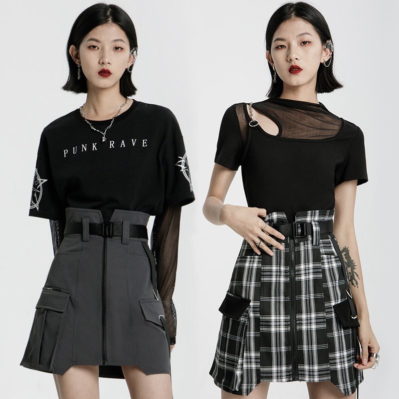 赛博庞克天使高腰工装裙 - 黑白 / 深灰 / 纯黑 / 附腰带 - 裙子 - 其他材质 灰色