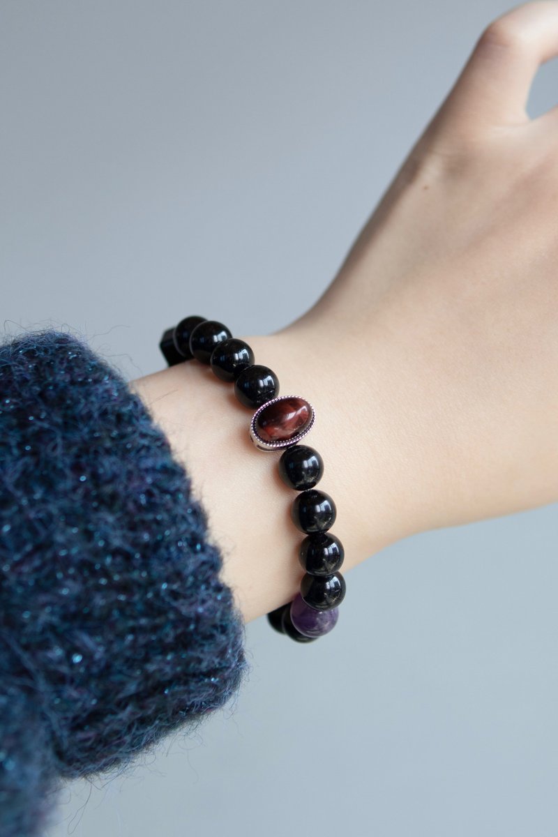 黑发晶手串+红虎眼石+金运石+紫水晶 九紫离火 - 手链/手环 - 水晶 