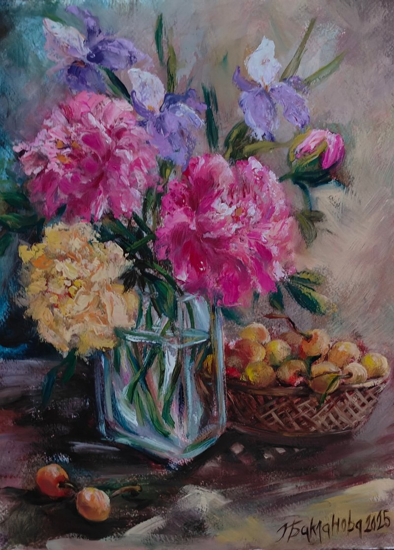 夏日花园原创油画水果静物画描绘了黄樱桃和牡丹 - 墙贴/壁贴 - 纸 粉红色