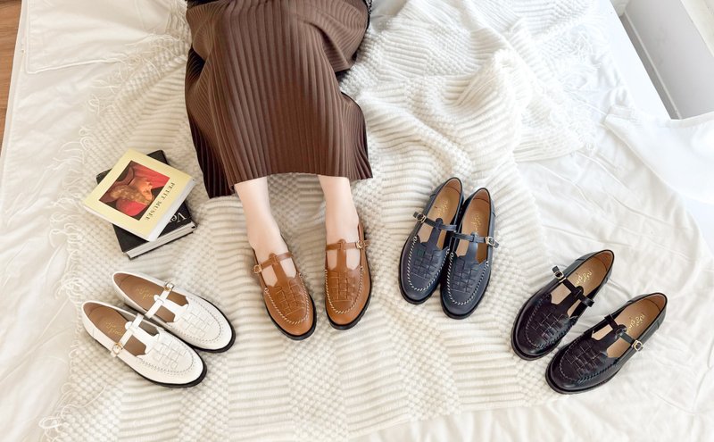 花与爱丽丝! 编织系带玛莉珍鞋 棕 全真皮 MIT -赤朽叶 - 玛莉珍鞋 - 真皮 咖啡色