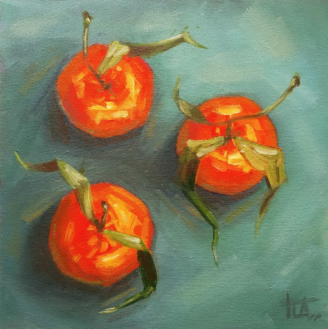 Original oil painting on canvas Still life Tangerines with leaves 20x20 cm - 墙贴/壁贴 - 其他金属 多色