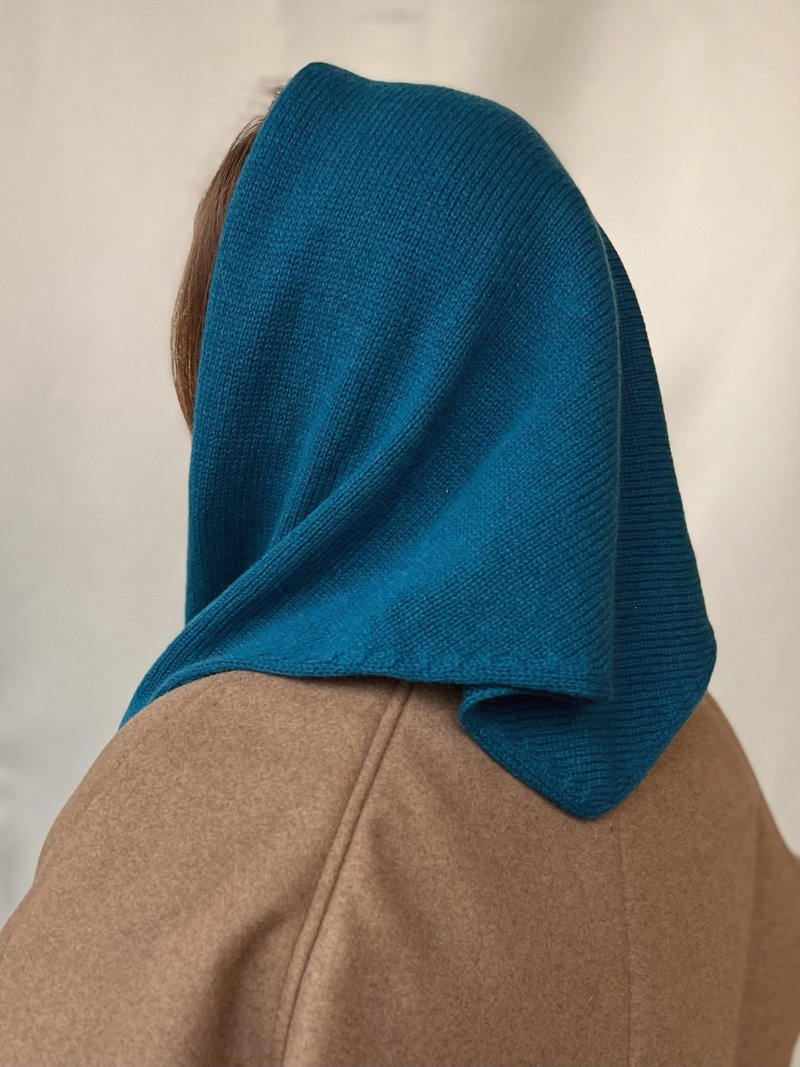 三角羊绒头巾  蓝色美丽诺羊毛围巾  极简风头部披巾 - 围巾/披肩 - 羊毛 蓝色