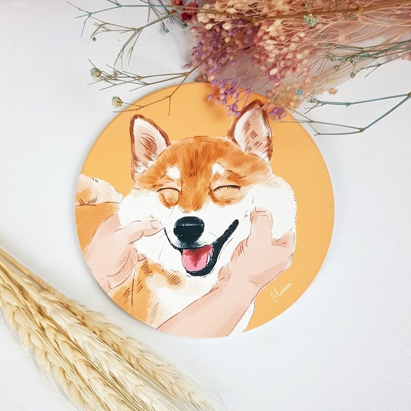捏脸柴柴款-圆型陶瓷吸水杯垫/动物柴犬.圣诞礼物 - 杯垫 - 陶 黄色