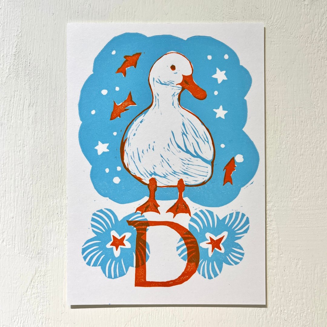 D is for Duck 手工版印明信片 鸭子  abc字母明信片 - 卡片/明信片 - 纸 蓝色
