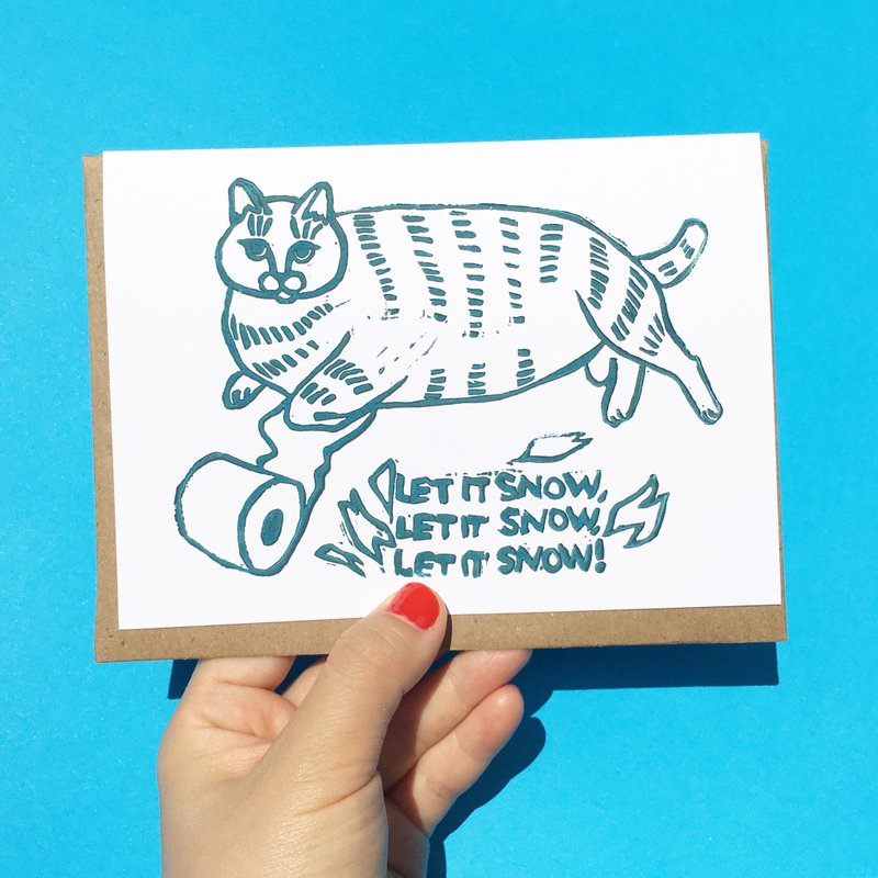 Hand-printed card - Let it Snow cat toilet paper card meme - 卡片/明信片 - 纸 