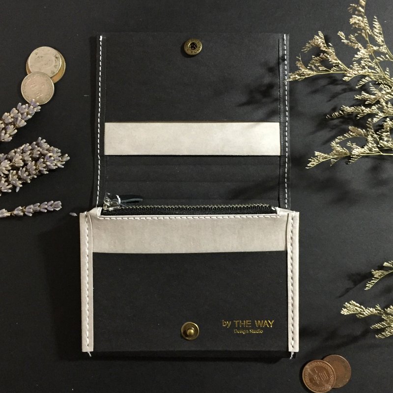 中夹 - 可水洗牛皮纸 、水洗纸、纸皮革 黑/灰 双色拼接 - 皮夹/钱包 - 纸 黑色