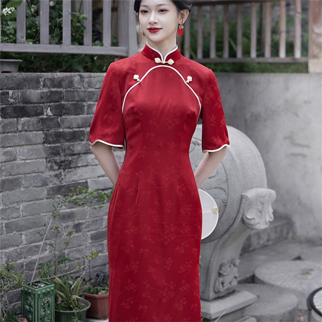 夢妝 酒紅色短袖改良旗袍敬酒服 雙襟春夏季洋裝 結婚訂婚禮服 - 旗袍 - 聚酯纤维 红色