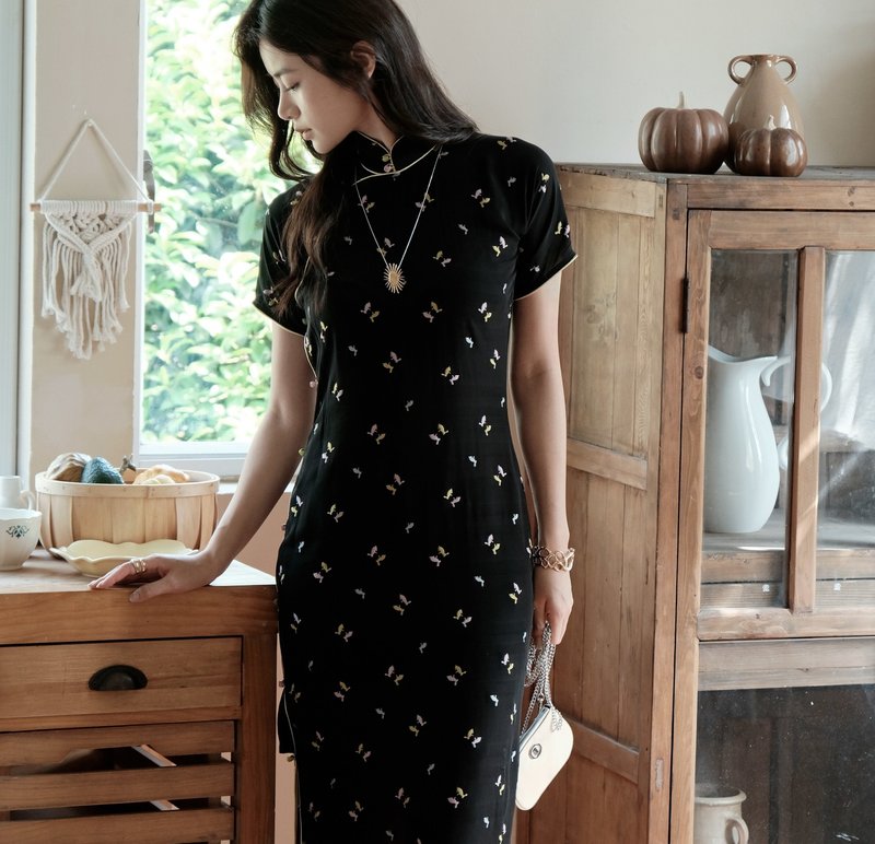 【黑布林】新中式复古中国风/意大利进口/薄纱旗袍 - 旗袍 - 棉．麻 黑色