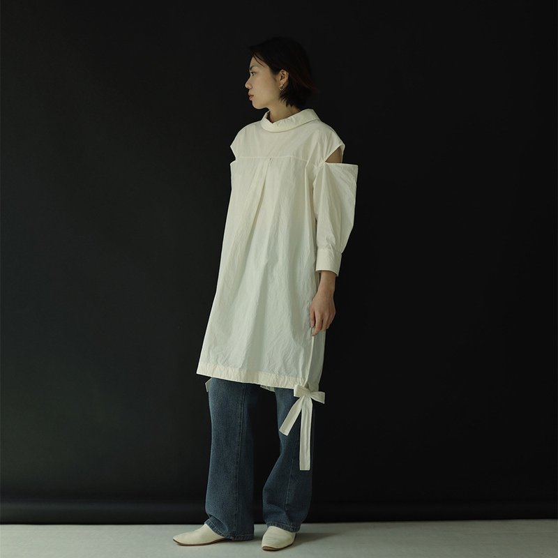 后襟侧飘带衬衫裙 七分袖后背纽扣 - 洋装/连衣裙 - 棉．麻 