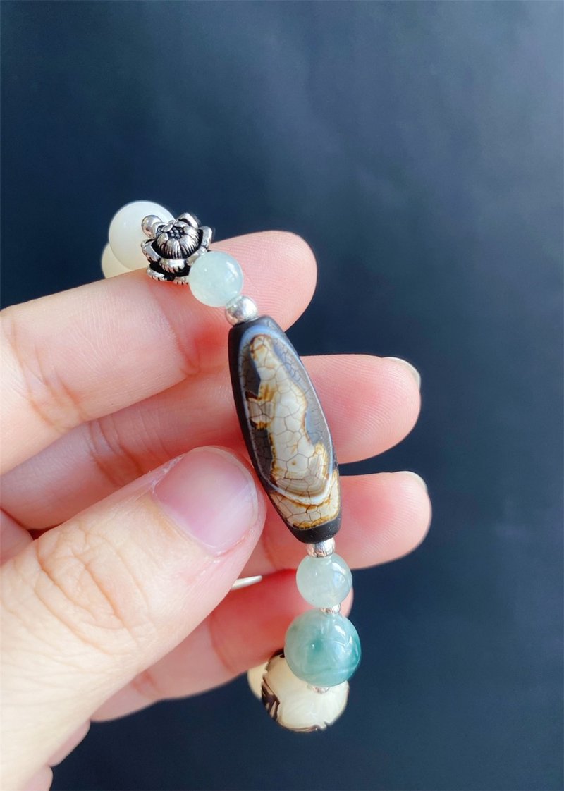 【售出】缅甸天然翡翠 彩带观音天珠 菩提 设计款手链 - 手链/手环 - 玉石 白色