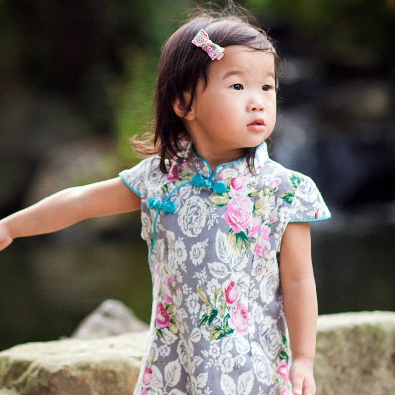 儿童旗袍 古风 秋季款 花系列蔷薇款(灰色) - 旗袍 - 棉．麻 