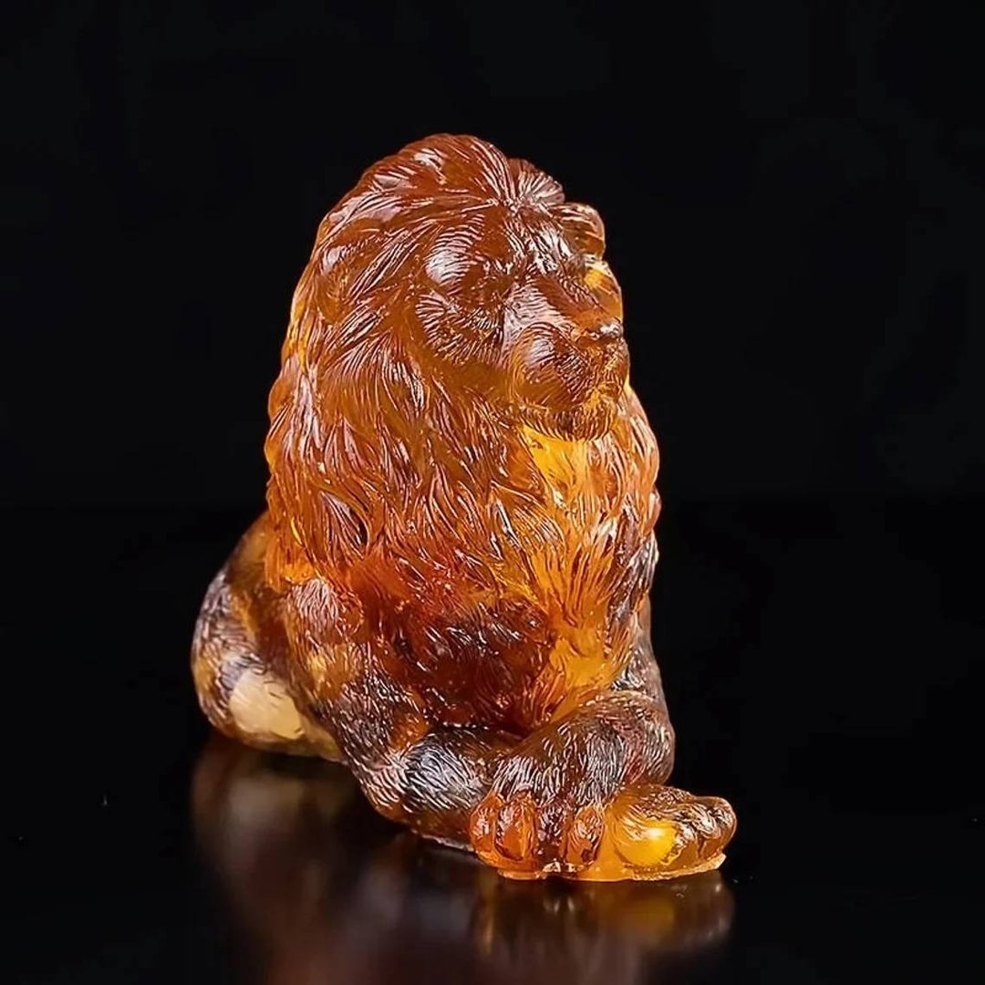 大型琥珀狮子雕像|狮子雕像|琥珀纪念品礼物|雕塑狮子 - 摆饰 - 宝石 咖啡色