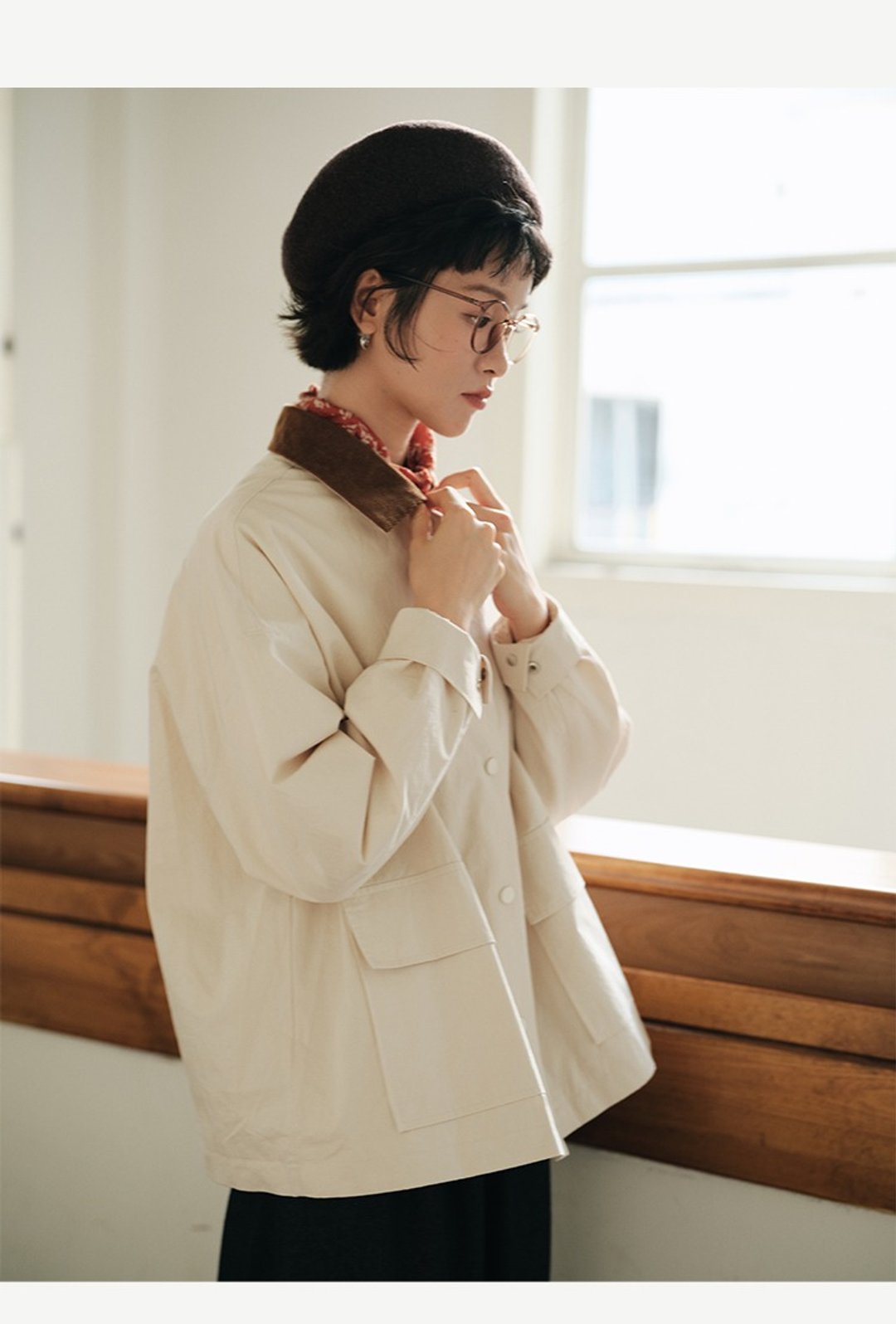 纯棉撞色领子开衫外套日系风 - 女装休闲/机能外套 - 棉 多色