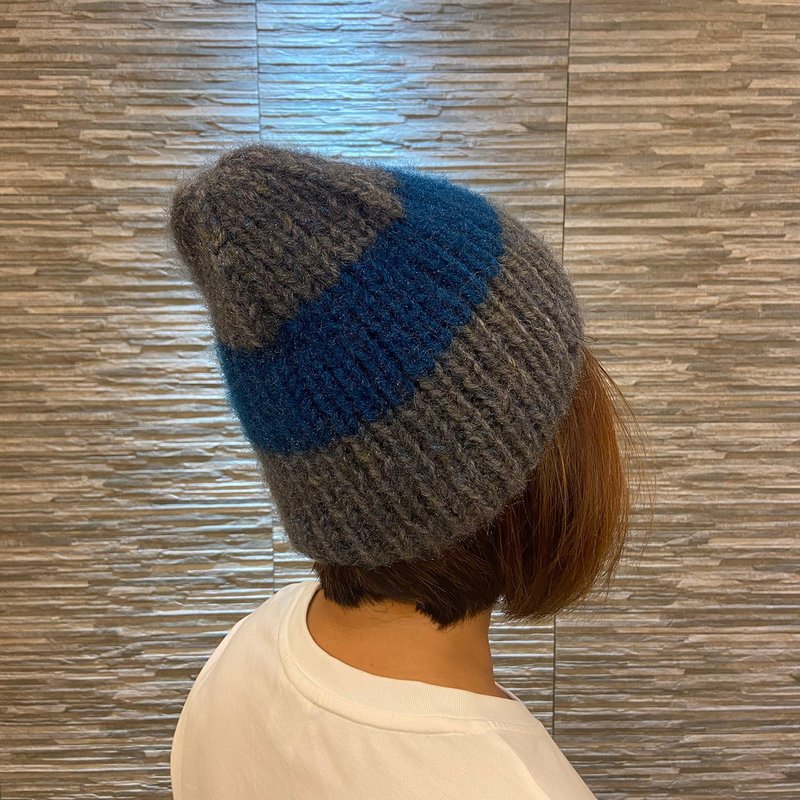 纯手工编织毛帽 - 灰配孔雀蓝 - 帽子 - 羊毛 蓝色