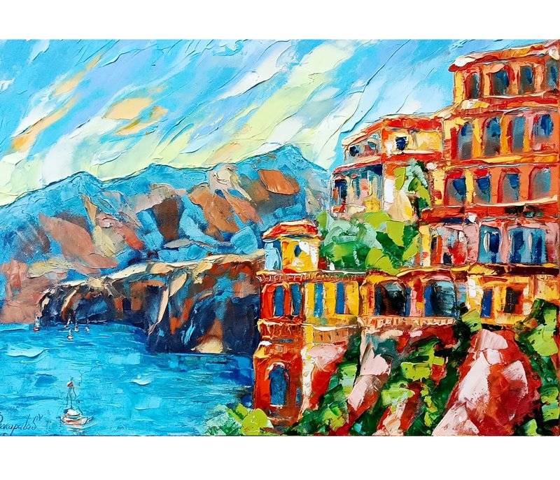 意大利苏连托 油画：阿玛菲海岸海滨艺术，16x20 印象派码头 - 墙贴/壁贴 - 其他材质 黄色