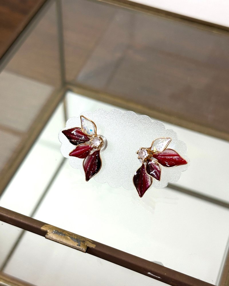 耳针x耳夹水晶花_天使翅膀贴耳款 (金边红黑版) _光点手感温饰 - 耳环/耳夹 - 树脂 红色