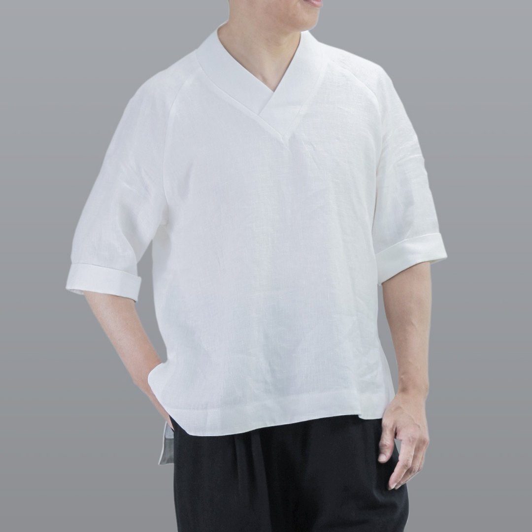 V领衫 亚麻 | 白色 - 男装上衣/T 恤 - 棉 白色