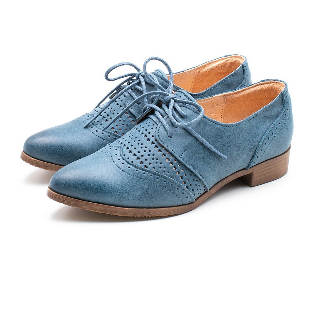 WALKING ZONE(女)柔软真皮尖头复古风牛津鞋女鞋-蓝(另有粉卡其) - 其他女款皮鞋 - 真皮 