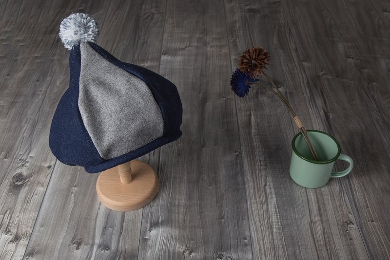 clown_毛球拼色马戏帽子.蓝x灰 - 帽子 - 棉．麻 蓝色