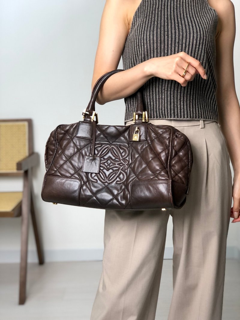 【日本直送，名牌二手包装】LOEWE Amazona 绗缝手袋棕Anagram Leather Boston Vintage 2xr5jd - 手提包/手提袋 - 真皮 咖啡色