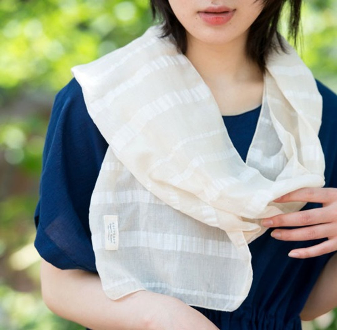有机棉亚麻 ( 苎麻 ) 条纹轻巧围巾 - 丝巾 - 棉 白色