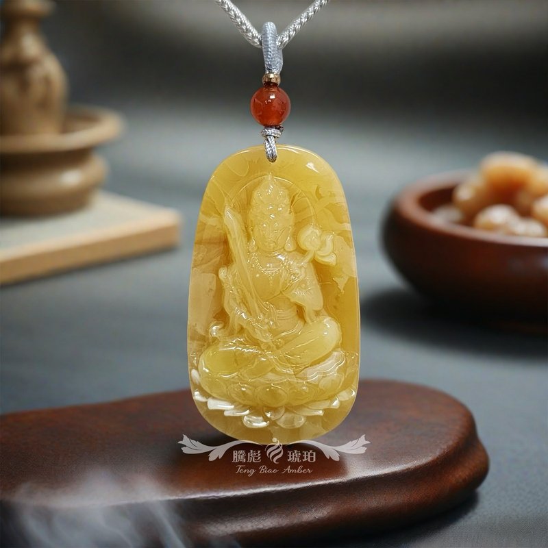 腾彪琥珀 天然琥珀蜜蜡 留皮飘花蜜蜡 文殊菩萨 精品正规 项链坠 - 项链 - 半宝石 黄色