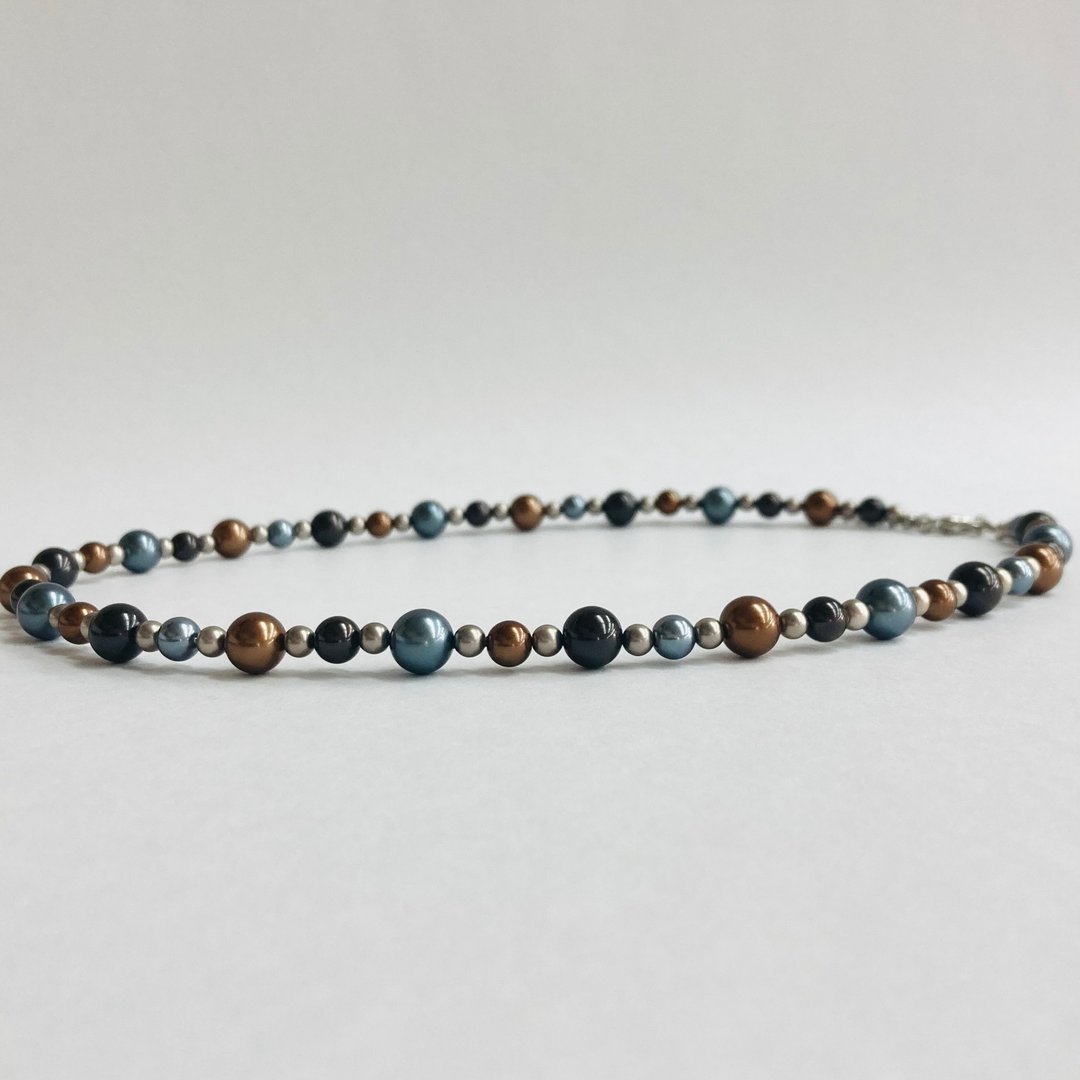 玻璃珍珠多色中长项链 / 8mm 约50cm / 蓝x黑混色 / made in japan - 项链 - 玻璃 蓝色