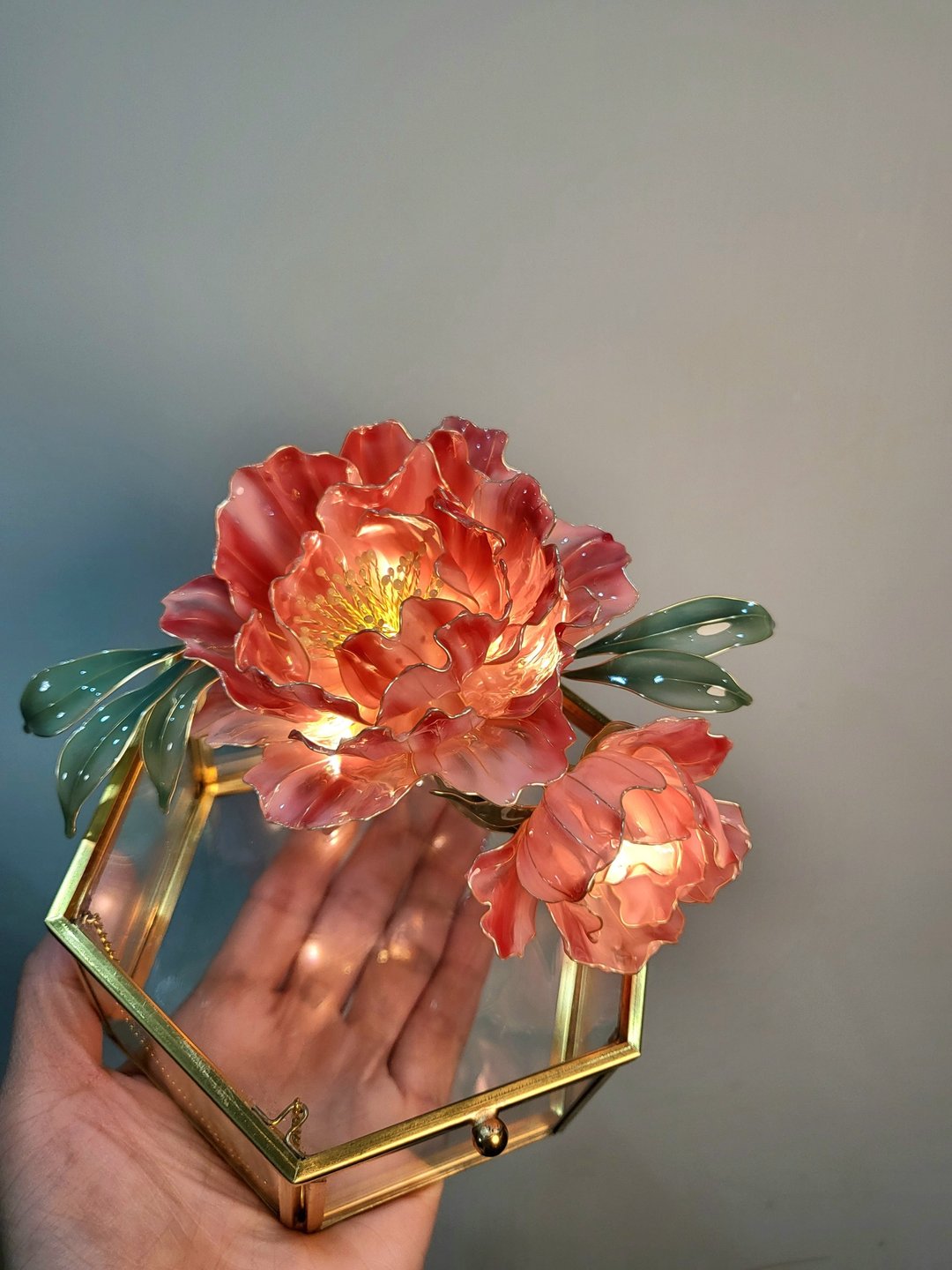【沾浸艺术•玻璃饰盒】牡丹花。小夜灯。生日礼物 - 其他 - 树脂 