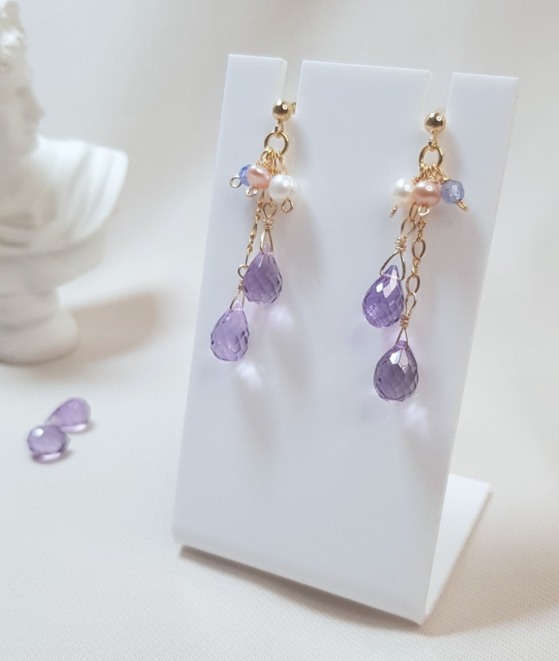 【开运礼物】切面双紫水晶 珍珠 耳针耳环/可改耳夹 - 耳环/耳夹 - 宝石 紫色