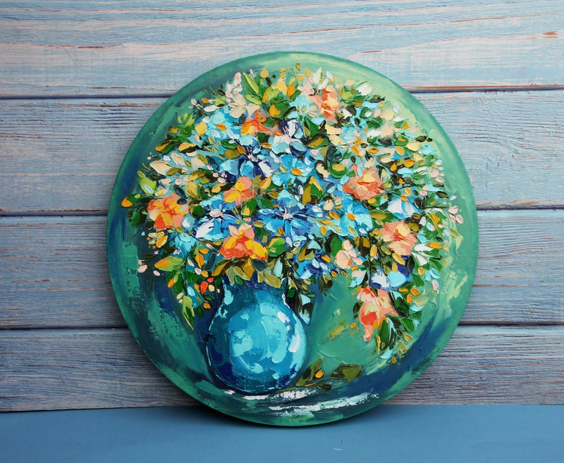 Floral Painting 油畫原作 Flower Still Live Impasto Artwork Oil Round Canvas - 海报/装饰画/版画 - 其他材质 绿色