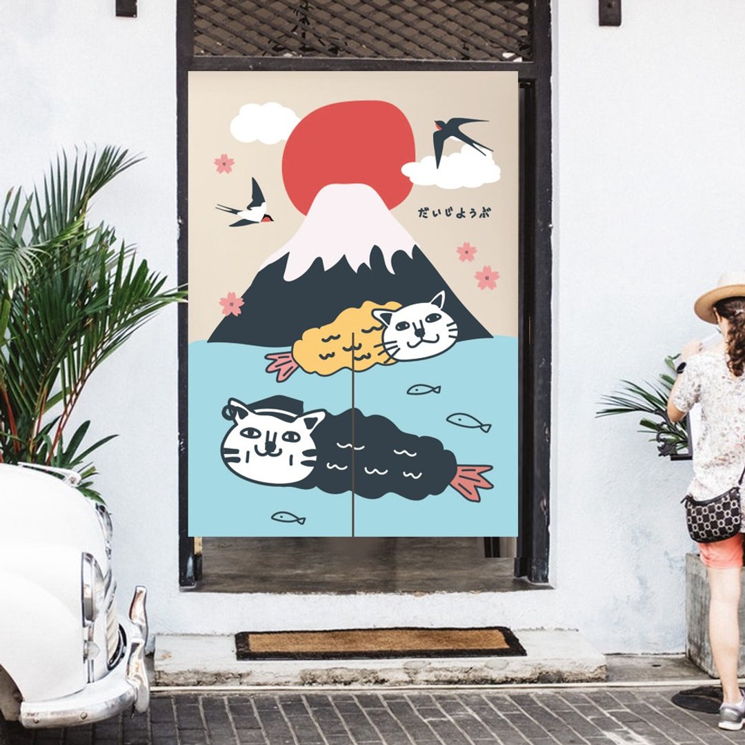猫 富士山 门帘 炸虾 - 门帘/门牌 - 棉 多色