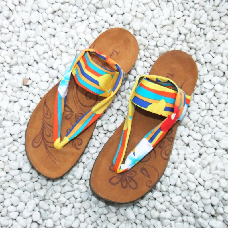 【漫步在云端  巴里岛】经典乐活凉鞋/弹力莱卡布料/真皮软木气垫 - 男女凉鞋 - 真皮 黄色